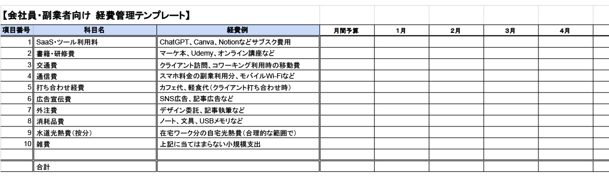 副業向け経費管理テンプレート